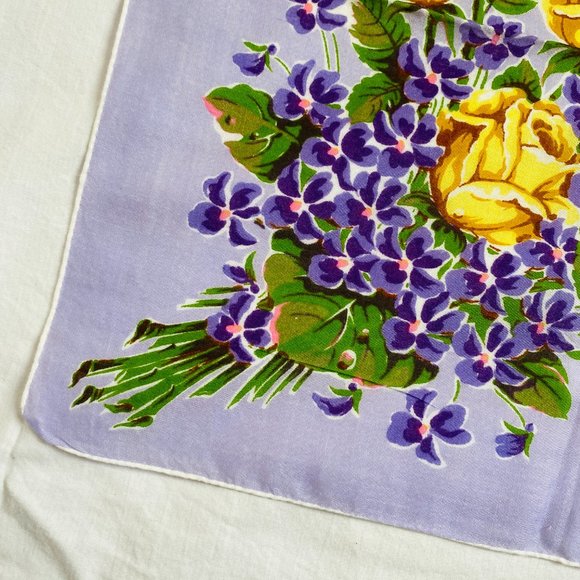 Vintage MCM Handkerchief Floral Bouquet Purple Violets Yellow Roses Rolled Edge - Picture 2 of 7